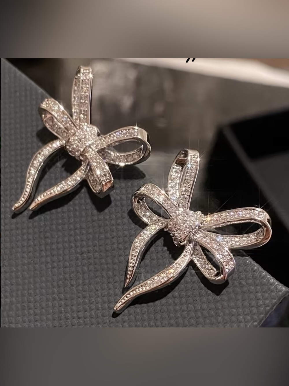 Crystal Bow Earrings Silver Rhinestone Statement Sparkle Glam